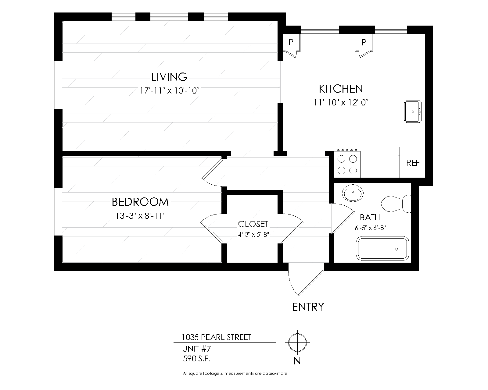 Floor plan for 1 bed, 1 bath, 590 sqft